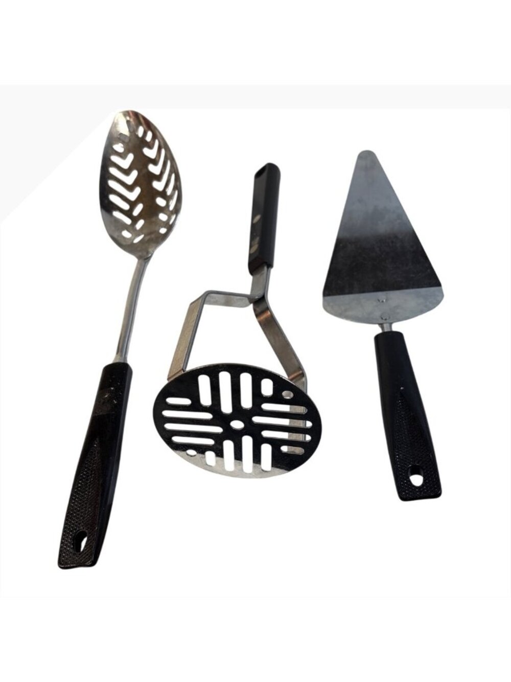 Vintage Ecko Kitchen Utensil Set Masher Slotted Spoon & Pie Server Black Handles